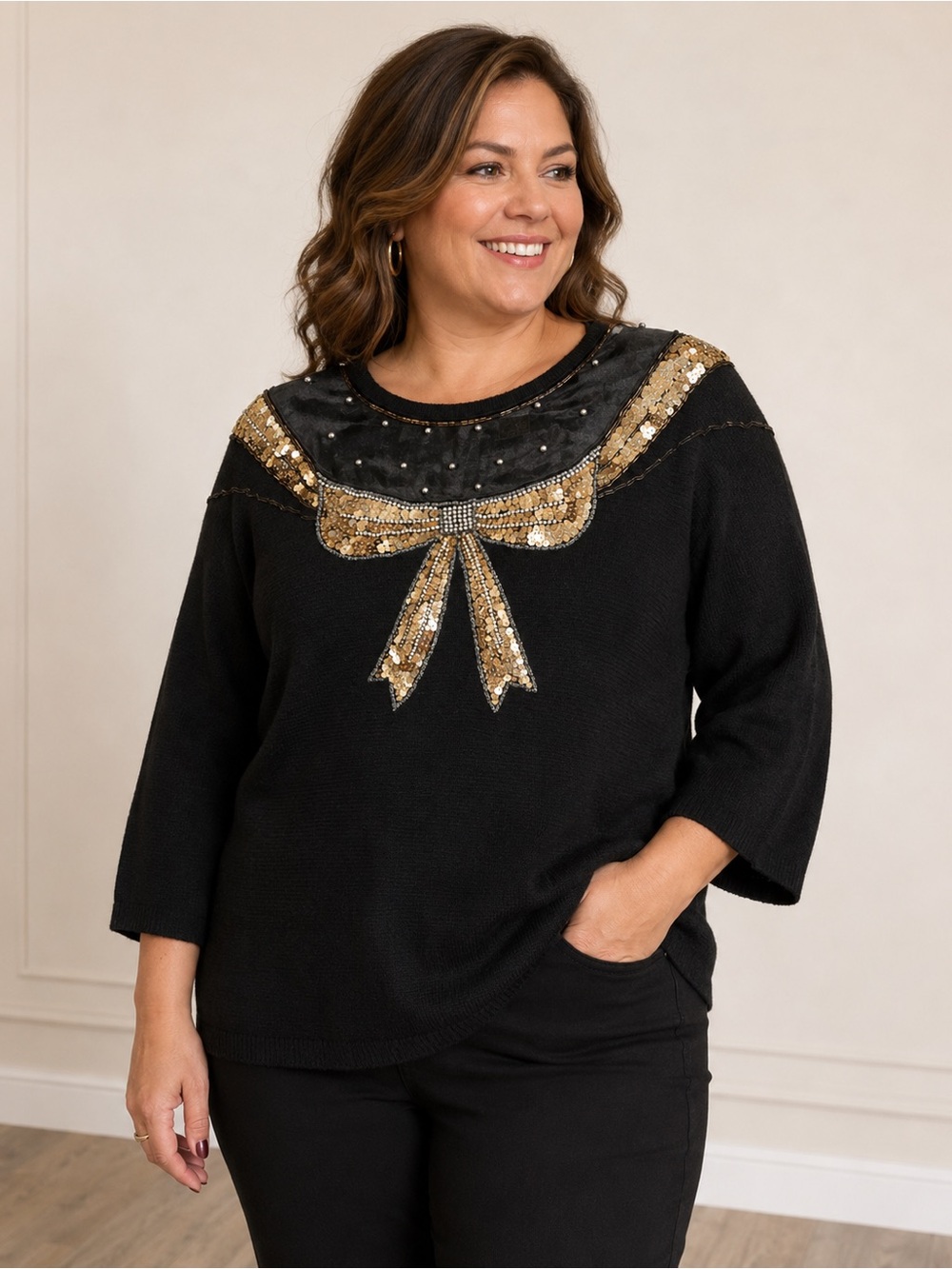 Vintage Venezia Vitale Women's 1x SilkAngora Blend Black Sweater Gold Sequin Bow